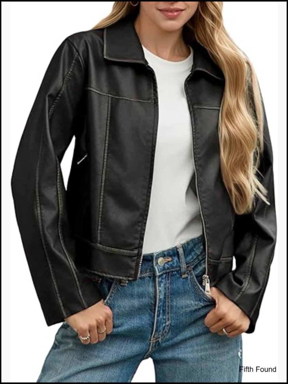 Faux Leather Cropped Biker Jacket Zip Up Long Sleeve